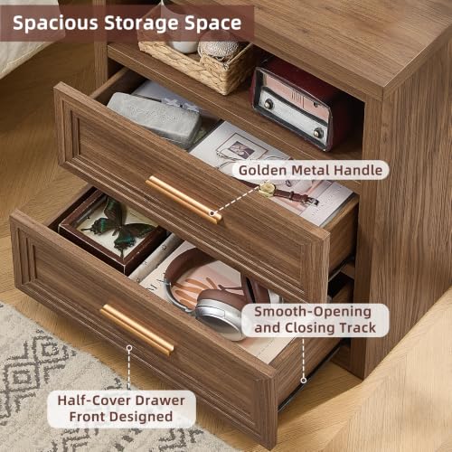 RWYHG 24'' Wide Farmhouse Night Stand with 2 Drawers,Wood Nightstand | Modern End Table Open Storage Shelf, Metal Handle, Mid-Century Bed Side Table for Bedroom, Living Room, Light Walnut - color: Light Walnut