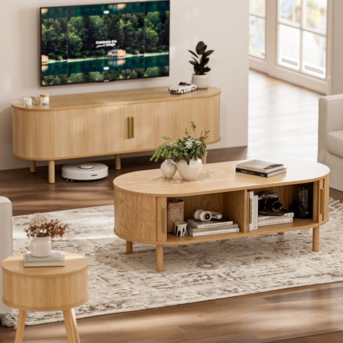 ZttRiee Oval Coffee Table with Sliding Doors, Modern, Natural | 47.24"L x 21.65"W x 16.14"H, 200 lbs capacity, 2 front & back storage areas, ~60 min assembly - color: Oak_lsj032-n