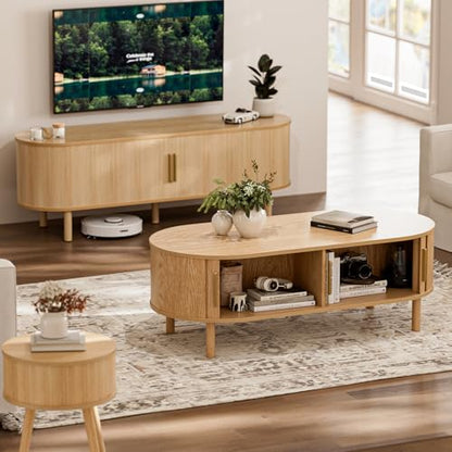 ZttRiee Oval Coffee Table with Sliding Doors, Modern, Natural | 47.24"L x 21.65"W x 16.14"H, 200 lbs capacity, 2 front & back storage areas, ~60 min assembly - color: Oak_lsj032-n