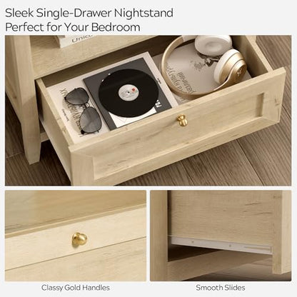 EYYTHUNG Wooden Nightstands with Drawer Modern 24" Wide End Table Night Stand Large Farmhouse Bedside Table with Open Shelf Mid Century Night Stands for Sofa, Light Oak - color: Light Oak, size: 1 PC