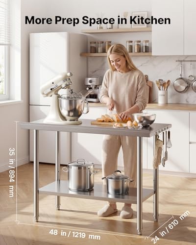 VEVOR Stainless Steel Work Table, 24x48 Inch Food Prep Table, Commercial Kitchen Workstation with Adjustable Undershelf, Metal Heavy Duty Utility Worktable, for Restaurant Home Hotel Garage Outdoor - size: 24*48