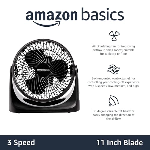 Amazon Basics Air Circulator Fan, Desk Fan for Bedroom, Home and Office, With 90-Degree Tilt Head, 3 Speed Settings, Lightweight (4.2 LBS), 70 Watts, Black, 14.8"Wx7.6"Dx14.1"H - size: 14.8"W x 7.6"D x 14.1"H