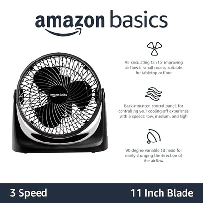 Amazon Basics Air Circulator Fan, Desk Fan for Bedroom, Home and Office, With 90-Degree Tilt Head, 3 Speed Settings, Lightweight (4.2 LBS), 70 Watts, Black, 14.8"Wx7.6"Dx14.1"H - size: 14.8"W x 7.6"D x 14.1"H