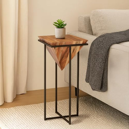 The Urban Port 30 Inch Pyramid Shape Wooden Side Table | Brown Finish, Cross Black Metal Base, Modern Accent End Table, For Living Room, Bedroom, Entryway, Lounge, Home Decor Display - size: 30-Inch