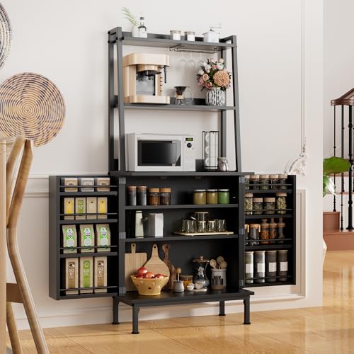 58” Pantry Cabinets with Microwave Shelves, Freestanding Kitchen Storage Cabinet with Adjustable Shelves, Buffet Cupboards for Kitchen, Dining Room, Living Room Use, Black - color: B-58" Black