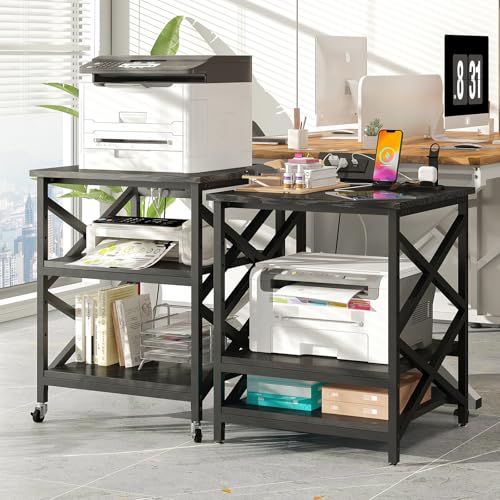 METYERRY 23.6"x23.6" Large Printer Stand with Power Outlet, 3 Tier Cart | Adjustable Shelf, Fits 3D Printers, Laser Printers and Heat Press, 200 lbs Heavy Duty, Industrial Wheels, Home Office - color: Black
