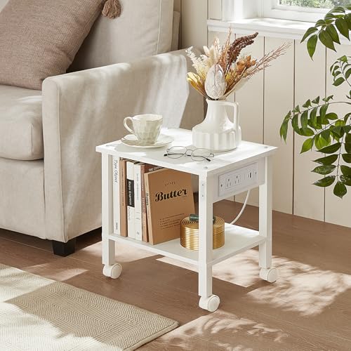 YUFAM 2 Tier Under Desk Printer Stand with Charging Station, White | Wooden Small Printer Table for Home Office, Rolling Printer Cart Shelf with Lockable Wheels - color: White, size: 11.8"D×15.7"W×15.3"H(With USB)