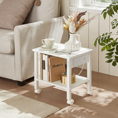 YUFAM 2 Tier Under Desk Printer Stand with Charging Station, White | Wooden Small Printer Table for Home Office, Rolling Printer Cart Shelf with Lockable Wheels - color: White, size: 11.8"D×15.7"W×15.3"H(With USB)