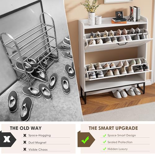 Nicetree Shoe Storage Cabinet with 2 Flip Drawers, Freestanding Shoe Organizer, Shoe Cabinet with Metal Legs, Narrow Shoe Rack Cabinet, Farmhouse Slim Shoe Cabinet for Entryway, Foyer, Hallway, White - color: White