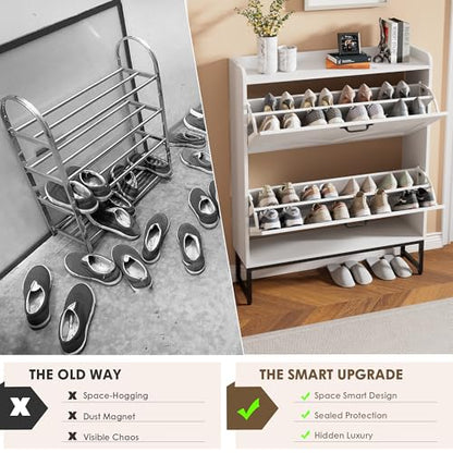 Nicetree Shoe Storage Cabinet with 2 Flip Drawers, Freestanding Shoe Organizer, Shoe Cabinet with Metal Legs, Narrow Shoe Rack Cabinet, Farmhouse Slim Shoe Cabinet for Entryway, Foyer, Hallway, White - color: White