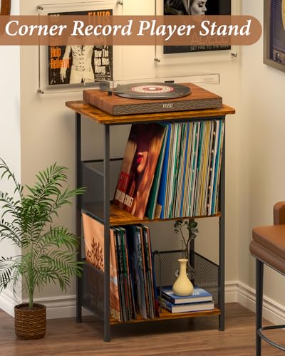 Honkazita 3 Tier Vinyl Record Storage Table Wooden Turntable Stand | holds up to 200 albums, now playing vinyl record stand, small bedside nightstand for bedroom, music room record organizer