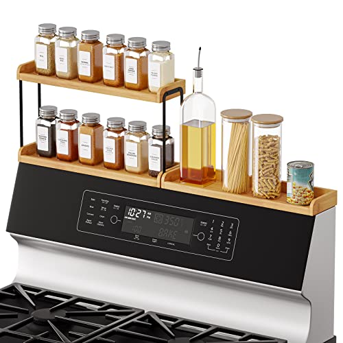 SpaceAid 30" Wide Kitchen Shelf Organizer for Stove, Magnetic Bamboo Spices Shelf for Home Stove Kitchen Storage Organization (Fit for Flat Top Only, 2-Tier) - size: 30" Wide, Natural, 2-Tier