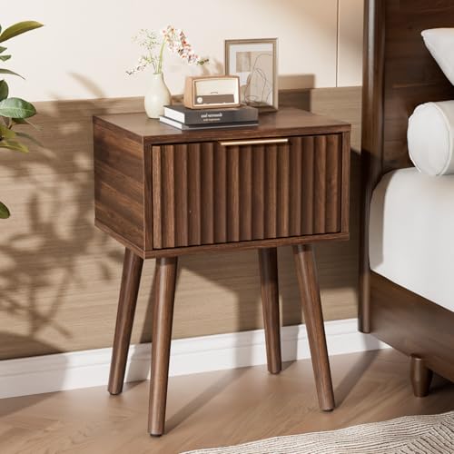 VINGLI Night Stand Set 2, Fluted Nightstands with Drawer, Mid Century Modern Nightstands Set of 2, Bedside Table, End Table, Wood Nightstand for Bedroom, Walnut, 15.75" W*11.81" D*21.85" H - color: Walnut, size: 15.7"W-1 Drawer