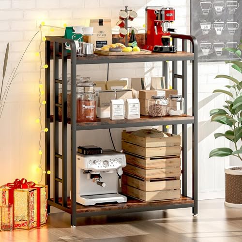 METYERRY Bakers Rack with Power Outlet,Adjustable Microwave Stand with Storage,3-Tier Kitchen Shelves,Microwave cart Suitable for Kitchen,Dinning Room,Coffee Bar,Living Room,Rustic Brown - color: Rustic