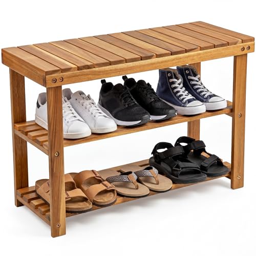 Acacia Wooden Shoe Rack Bench for Entryway, 3-Tier, Natural | Sturdy shoe organizer for entryway, bench with shelf, solid acacia wood shoe storage for doorway, hallway & bathroom, 300 LBS - color: Natural Acacia, size: 11"d X 27.6"w X 17.8"H