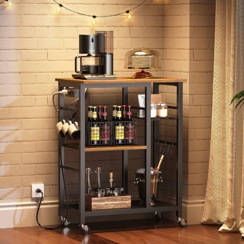 YATINEY Movable Bakers Rack, Microwave Stand with Charging Station, Kitchen Storage Rack with Hooks and Basket, Casters and Adjustable Feet, for Small Space, Kitchen, Dining Room, Rustic Brown HB04UBR - color: Rustic Brown + Black