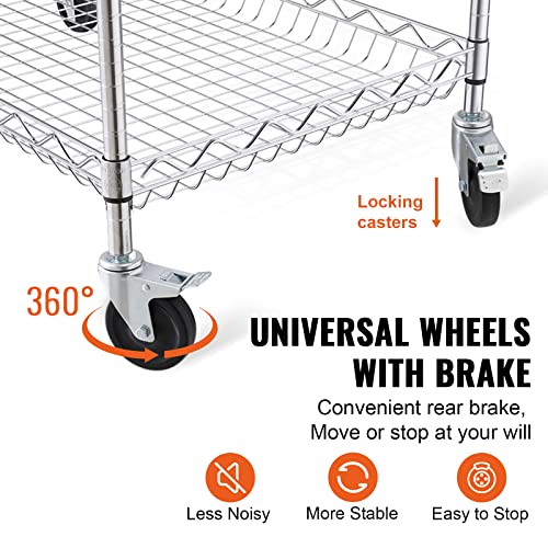 VEVOR Kitchen Utility Cart, 3 Tiers, Wire Rolling Table with 661 LBS Capacity, Steel Service Desk on Wheels, Metal Storage Trolley with 80 mm Deep Basket Curved Handle 6 Hooks - size: 18"D x 30"W x 32.4"H