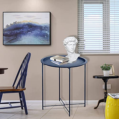 Garden 4 you End Table 2 PCS Metal Side Table Dark Blue Round Folding Tray Cyan Sofa Small Accent Fold-able Table, Round End Table Tray, Next to Sofa Table, Snack Table for Living Room and Bed Room - color: Dark Blue