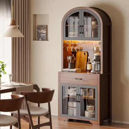 Tall Arched Pantry Cabinet, Kitchen Pantry Cabinet with Drawer and Charging Station, Tall Coffee Bar Cabinet with Storage, Dining Room Kitchen Hutch Storage Cabinet - color: Walnut