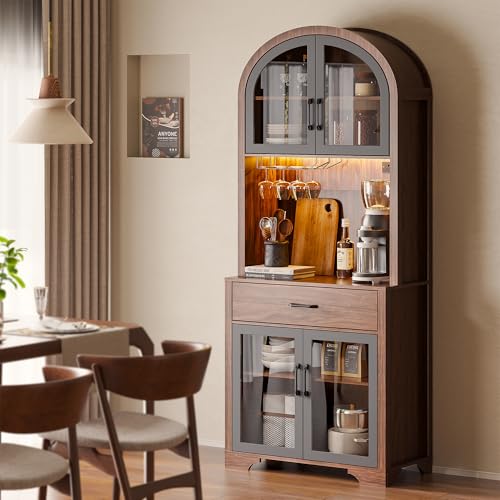 Tall Arched Pantry Cabinet, Kitchen Pantry Cabinet with Drawer and Charging Station, Tall Coffee Bar Cabinet with Storage, Dining Room Kitchen Hutch Storage Cabinet - color: Walnut