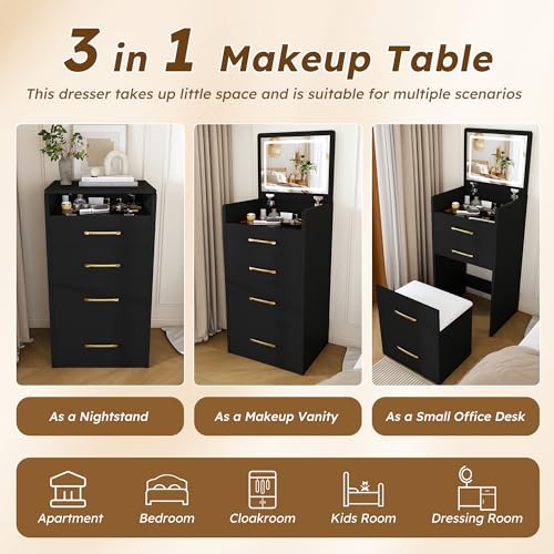 3-in-1 Black Gold Vanity Desk, Compact Makeup Vanity Set with Flip-up Mirror, Visible Glass Desktop, 3 Drawers, Hidden Storage, Multifunctional Dressing Table Nightstand Combo for Small Bedroom