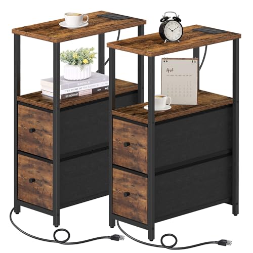 TUTOTAK Small Narrow End Table with Charging Station, Set of 2, Side Table with Outlets, Nightstand with 2 Cloth Drawers, Couch Table, for Living Room, Bedroom, Bedside, Brown TB01BB055 - color: Brown, style: 2 Drawers & Plug