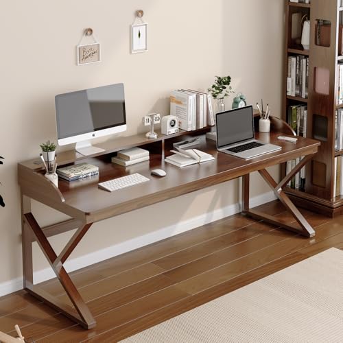 OSCHF Long Desk with Monitor Stand - 71" Double Long Computer Table for 2-Person Workstation, Large Writing Study Work Desk for Home and Office, Walnut - color: Walnut, size: 71"x27.6"