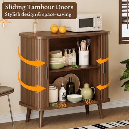 Sideboard Buffet Cabinet with Sliding Door, 31.5" Wide Fluted Modern Accent Storage Cabinet with Adjustable Shelves, Wood Coffee Bar Buffet Console Table for Kitchen, Dining Room, Living Room, Walnut - color: Walnut