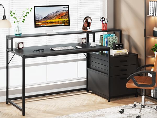 Tribesigns 63 Inch Computer Desk with File Drawer Cabinet, Ergonomic Office Desk with Monitor Stand, Industrial Computer Table with Printer Space, Wood PC Table Workstation Desks for Home Office - color: Black