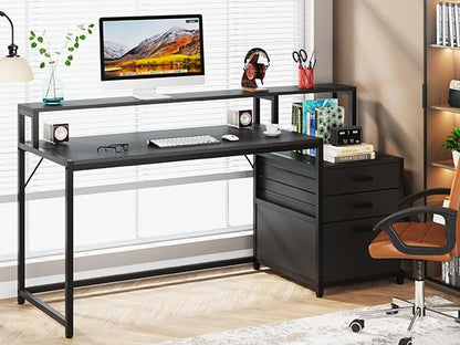 Tribesigns 63 Inch Computer Desk with File Drawer Cabinet, Ergonomic Office Desk with Monitor Stand, Industrial Computer Table with Printer Space, Wood PC Table Workstation Desks for Home Office - color: Black