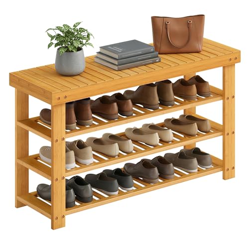 SONGMICS Shoe Rack Bench, 4 Tier Bamboo Shoe Storage Organizer, Entryway Bench, for Living Room, Bathroom, Bedroom, 11.3 x 35.2 x 20.5 Inches, Light Bamboo ULBS390YL01 - color: Light Bamboo, size: 11.3"D x 35.2"W x 20.5"H, style: Without Cushion