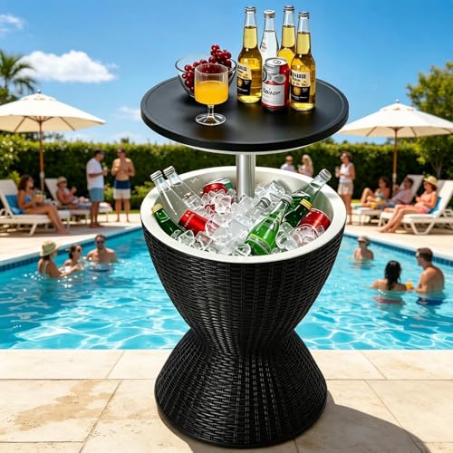 Tangkula Outdoor Cooler Table, Multi-Functional Cooler Bar Table, Adjustable Height Ice Cooler Side Table w/Drain Plug, 8 Gallon Beer & Wine Cooler, Rattan Style Patio Furniture for Pool Parties - color: Black