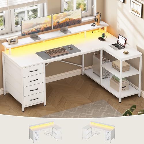 SEDETA L Shaped Gaming Desk with 4 Drawers, Shelves, Power Outlets, White | L Shaped Desk with LED Lights , Computer Desk with Shelves & Drawer, Corner Desk Home Office Desk - color: White
