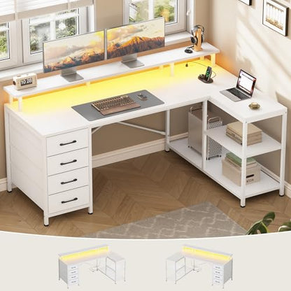 SEDETA L Shaped Gaming Desk with 4 Drawers, Shelves, Power Outlets, White | L Shaped Desk with LED Lights , Computer Desk with Shelves & Drawer, Corner Desk Home Office Desk - color: White