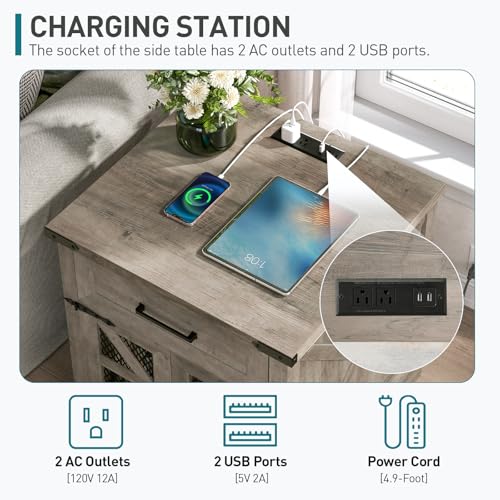 RALGEND Farmhouse End Table with Charging Station, 24" Large Sofa Side Table with Drawer, Large End Table for Living Room, Wooden Nightstand with Outlet, Square, Greige - color: Greige