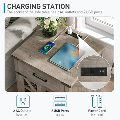 RALGEND Farmhouse End Table with Charging Station, 24" Large Sofa Side Table with Drawer, Large End Table for Living Room, Wooden Nightstand with Outlet, Square, Greige - color: Greige
