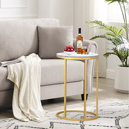 RiteSune Round C Shaped End Snack Side Table Slide Under Couch with Marble Top for Sofa Coffee Laptop Living Room Bedroom Small Space, 16" D x 24" H - color: Gold