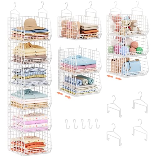 6 Tier Extended Depth Hanging Closet Organizer, Closet Storage Hanging Shelves with Hanging Hooks for Clothes Sweaters Towels Handbags, Stackable Metal Mesh Bins For Closet, Laundry, Bathroom, Dorm - color: White, size: 6-Tier
