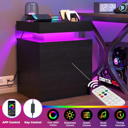 LED Nightstand, Modern Black Night Stand End Tables with APP & Remote Control LED Lighting, 2 Drawers, Open Shelf Storage, Bedside Tables for Bedroom & Living Room