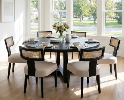 RIVOVA Rattan Dining Chairs Set of 4, Modern Dining Chair, Kitchen Dining Room Chair, Curved Cane Back Upholstered Linen Fabric Dining Chairs with Black Wood Frame, Beige - color: Beige Black Rattan