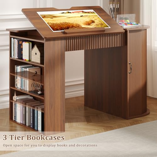 Drafting Table with Storage Cabinet & Drawers, Adjustable Drawing Table with Open Shelves, Crafting Table Art Desk for Home Office, Reading, Writing, Crafting, Painting - color: Walnut