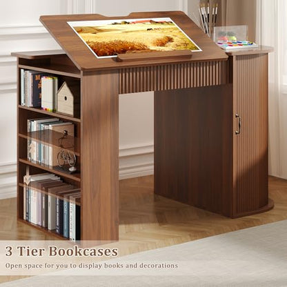Drafting Table with Storage Cabinet & Drawers, Adjustable Drawing Table with Open Shelves, Crafting Table Art Desk for Home Office, Reading, Writing, Crafting, Painting - color: Walnut