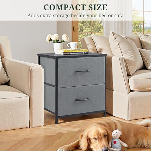 Nightstand Set of 2 Small 2 Drawer Dresser End Table Bedside Furniture | Wooden Top Fabric Bins for Bedroom, Closet, Entryway, Dorm, 11.8" D x 18" W x 20", Gray - color: Grey
