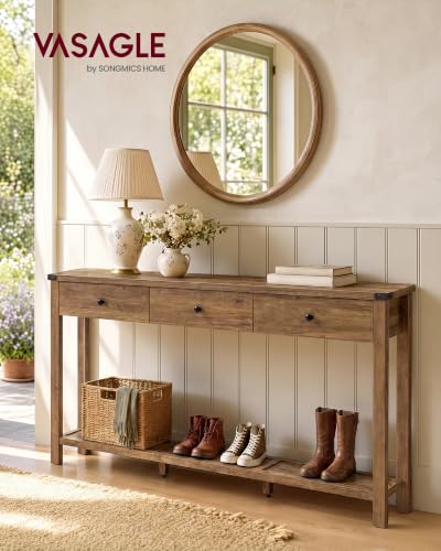 VASAGLE LIRY Collection Narrow Console Table with 3 Drawers, Brown | Long Sofa Table with Storage Shelf, 9.4 x 63 x 29.9 Inch, Farmhouse Style, Easy Assembly, ULNT148K101 - color: Honey Brown, size: 9.4"D x 63"W x 29.9"H