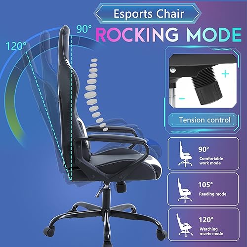 PayLessHere Ergonomic Racing Desk Chair Gaming Chair Computer Chair with Armrests 360° Swivel & Caster Pu Desk Task Chair Executive Headrest Lumbar Support for Back Pain Women Men and Adults (White) - color: White