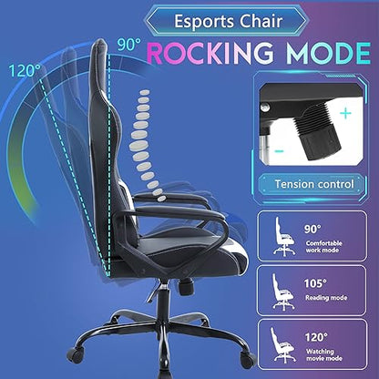 PayLessHere Ergonomic Racing Desk Chair Gaming Chair Computer Chair with Armrests 360° Swivel & Caster Pu Desk Task Chair Executive Headrest Lumbar Support for Back Pain Women Men and Adults (White) - color: White