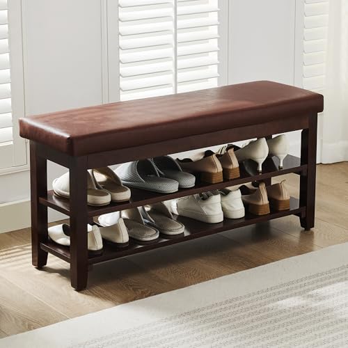 40" Shoe Bench with Leather Cushion, 2-Tier Shoe Rack Entryway Bench, Wood Bench for Front Door Entrance, Mudroom, Hallway, Wooden Shoe Shelves, Shoe Organizer, Shoe Storage, Brown - color: Brown