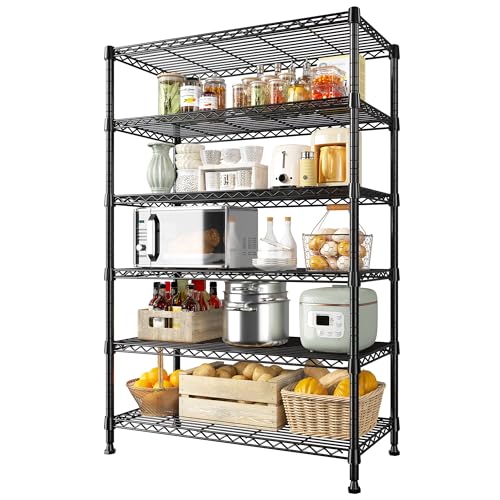 REIBII 71" H 6-Tier Heavy Duty Wire Shelving, 1200 lbs, 2-in-1 Adjustable | Heavy-duty 19mm steel, Split into 2 shelves, Leveling feet, Rustproof, 29"Wx14"D,Tool-free assembly,For garage kitchen pantry - size: 6 Tier-14"D x 29"W x 71"H