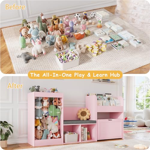 VontinT 68.9"W Kids Toy Storage Reading Nook with Bookshelf & Drawer,Wooden | 3 Tiered Bookshelf, Rolling Box with Building Baseplate Play Lid for Lego, 122L Stuffed Holder, Bench&Cushion for Kids, Pink - color: Pink