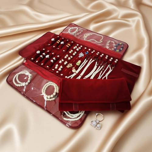 Velvet Travel Jewelry Case Roll Bag Organizer for Necklace Bracelet Earrings Ring (Black) (Burgundy) - color: Burgundy